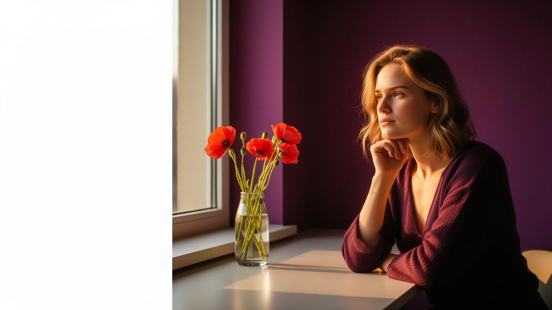 Femme réfléchissant à son prochain chapitre près de coquelicots