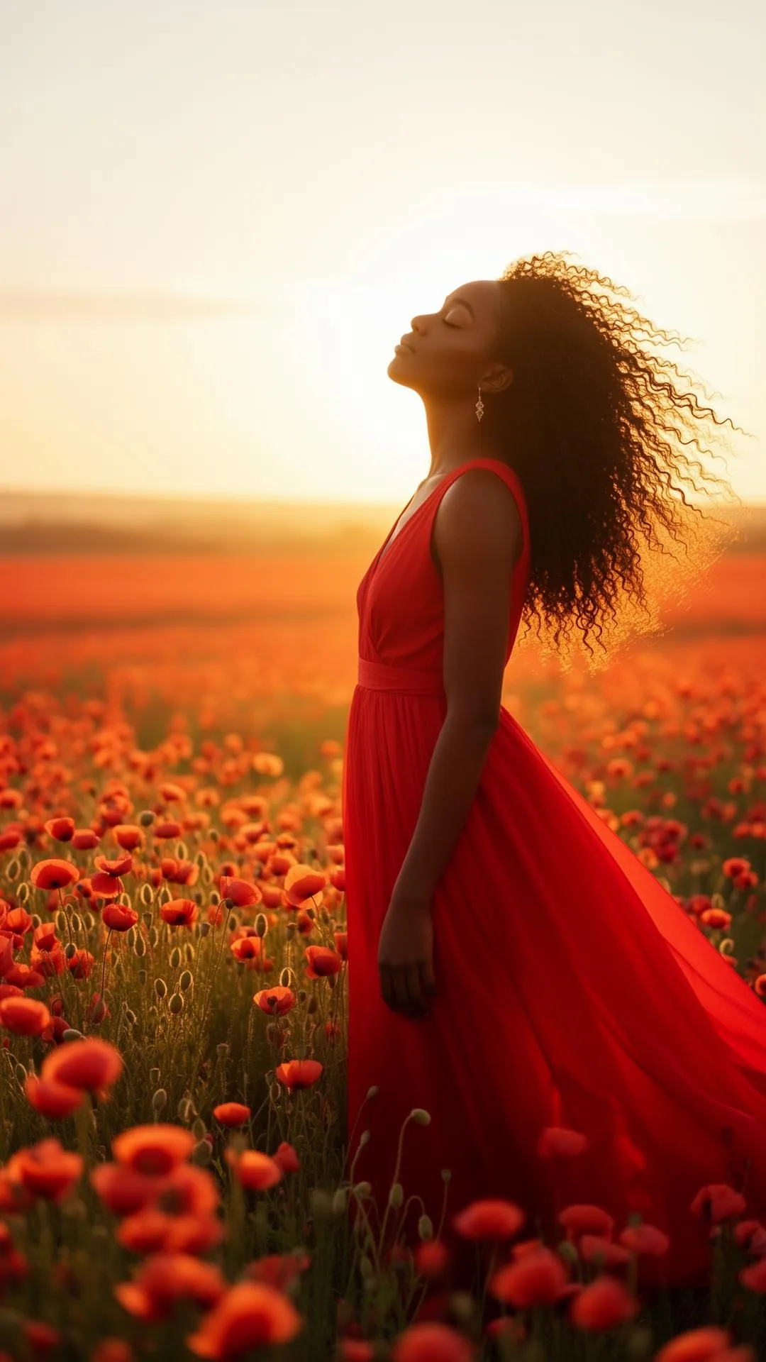 Femme en mouvement dans un paysage de coquelicots